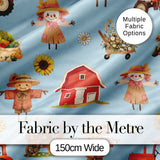 Cute Scarecrow Barn Sunflower Farm Blue Background Seamless Pattern Digital Print Fabric by the Metre UK Sewing Quilting Textile