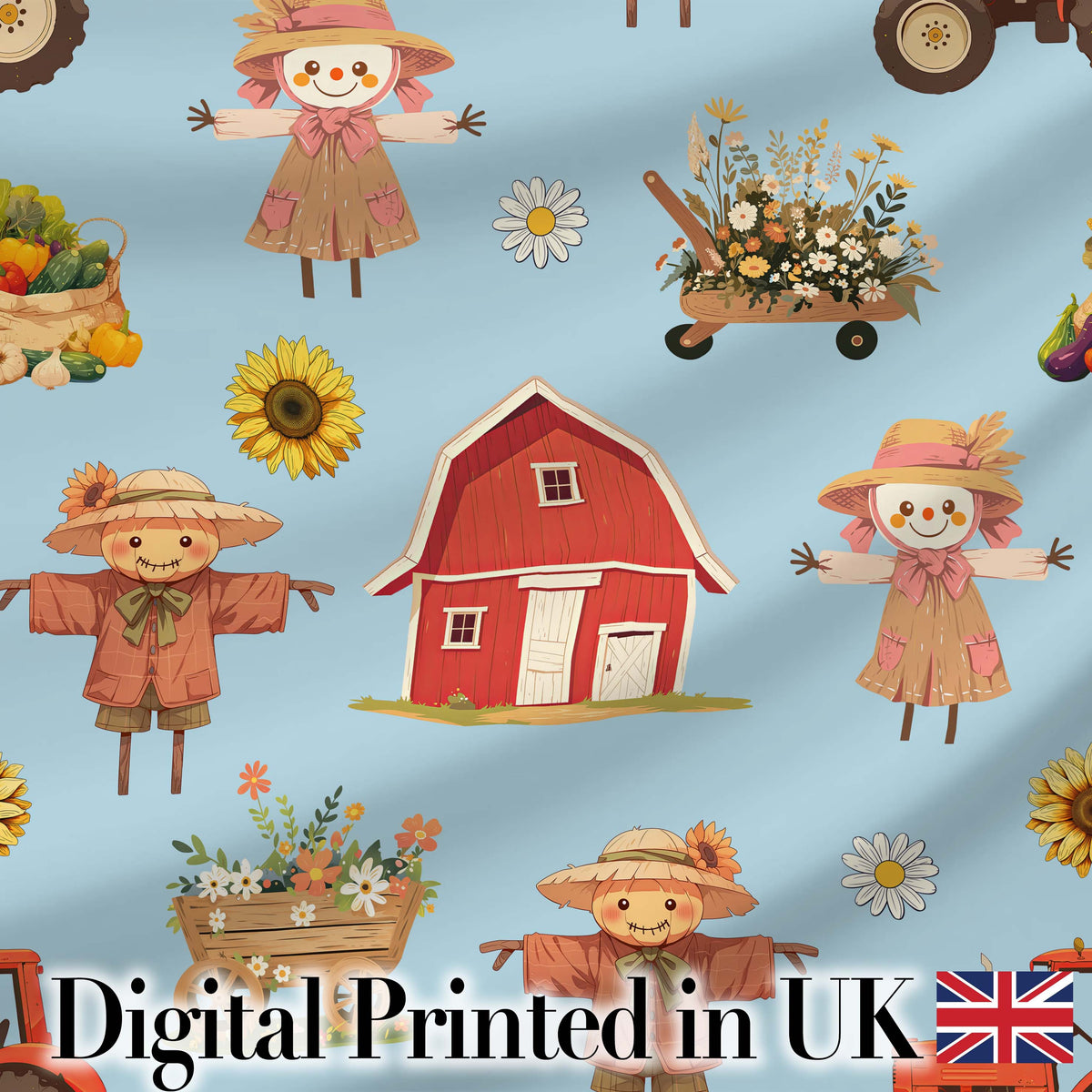 Cute Scarecrow Barn Sunflower Farm Blue Background Seamless Pattern Digital Print Fabric by the Metre UK Sewing Quilting Textile