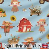 Cute Scarecrow Barn Sunflower Farm Blue Background Seamless Pattern Digital Print Fabric by the Metre UK Sewing Quilting Textile