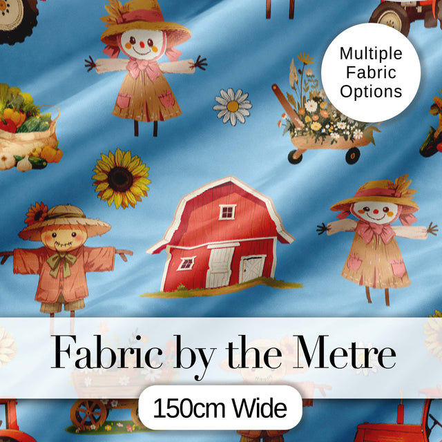 Cute Scarecrow Barn Sunflower Farm Sky Blue Background Seamless Pattern Digital Print Fabric by the Metre UK Sewing Quilting Textile