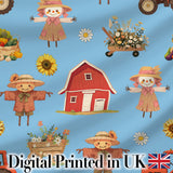 Cute Scarecrow Barn Sunflower Farm Sky Blue Background Seamless Pattern Digital Print Fabric by the Metre UK Sewing Quilting Textile