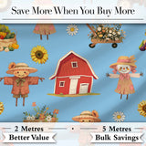 Cute Scarecrow Barn Sunflower Farm Sky Blue Background Seamless Pattern Digital Print Fabric by the Metre UK Sewing Quilting Textile