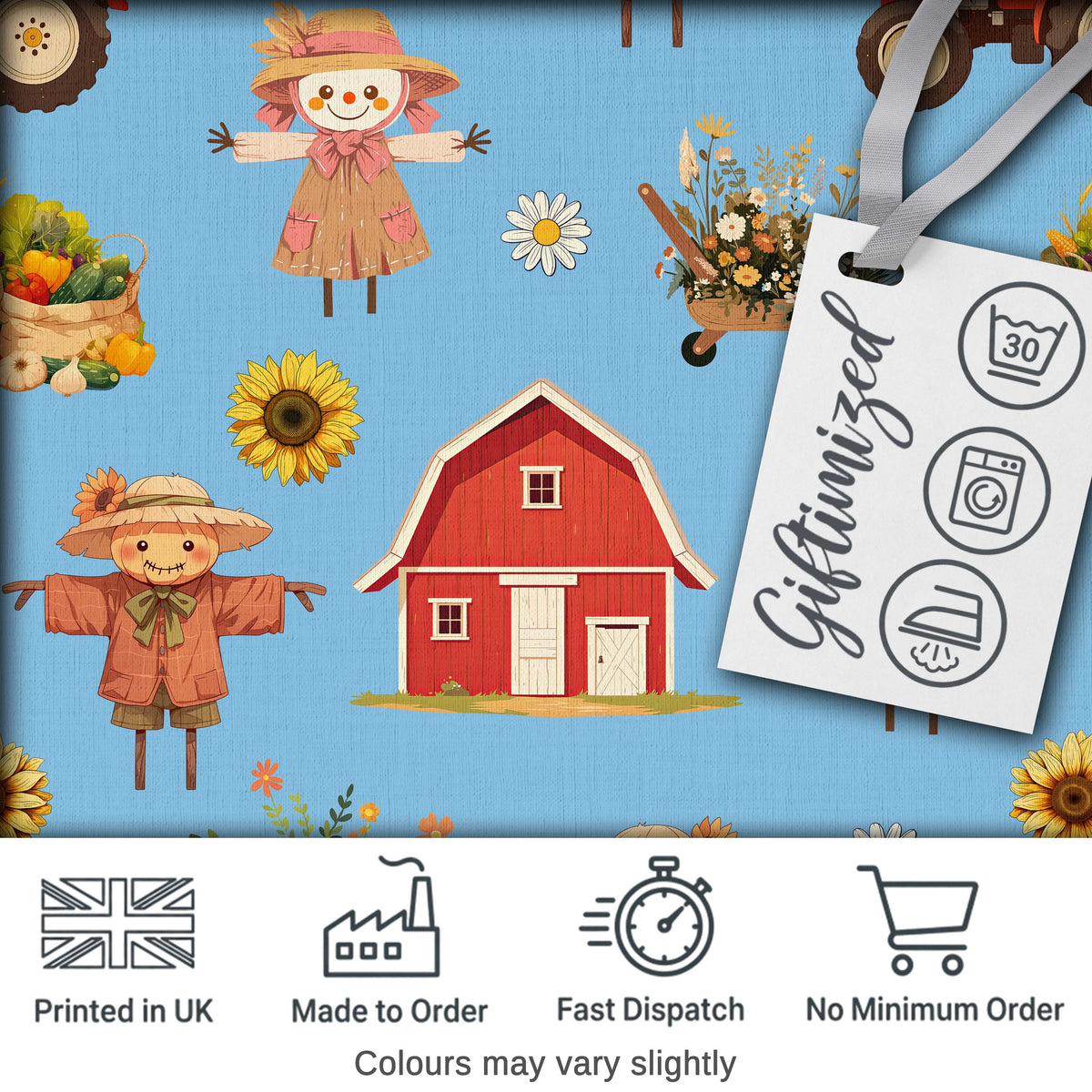 Cute Scarecrow Barn Sunflower Farm Sky Blue Background Seamless Pattern Digital Print Fabric by the Metre UK Sewing Quilting Textile