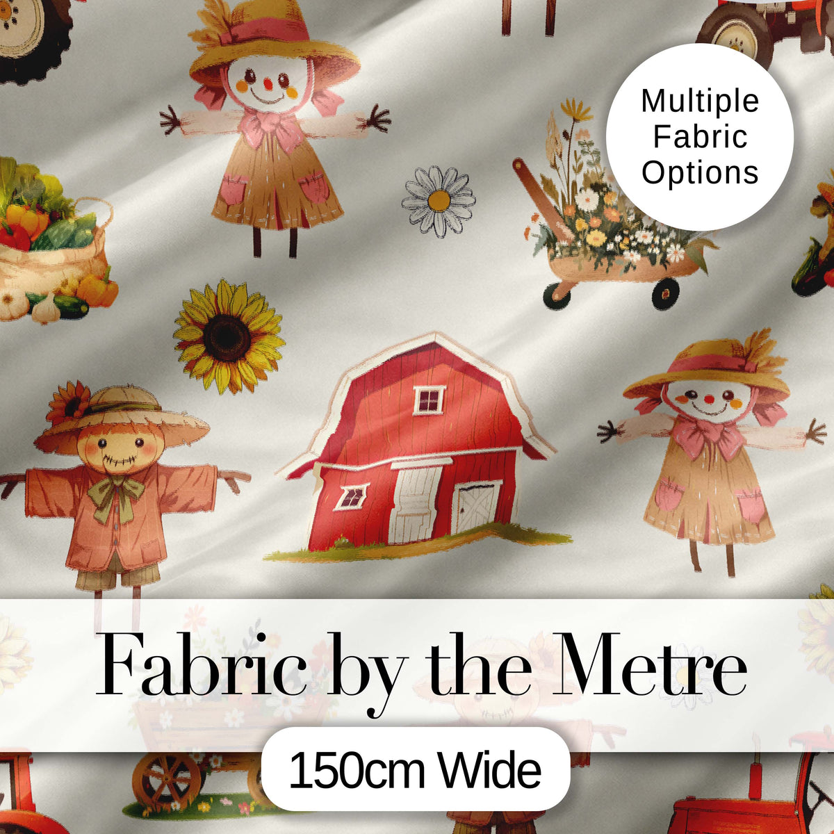 Cute Scarecrow Barn Sunflower Farm Beige Background Seamless Pattern Digital Print Fabric by the Metre UK Sewing Quilting Textile