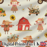 Cute Scarecrow Barn Sunflower Farm Beige Background Seamless Pattern Digital Print Fabric by the Metre UK Sewing Quilting Textile