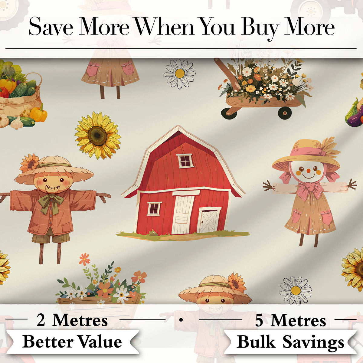 Cute Scarecrow Barn Sunflower Farm Beige Background Seamless Pattern Digital Print Fabric by the Metre UK Sewing Quilting Textile