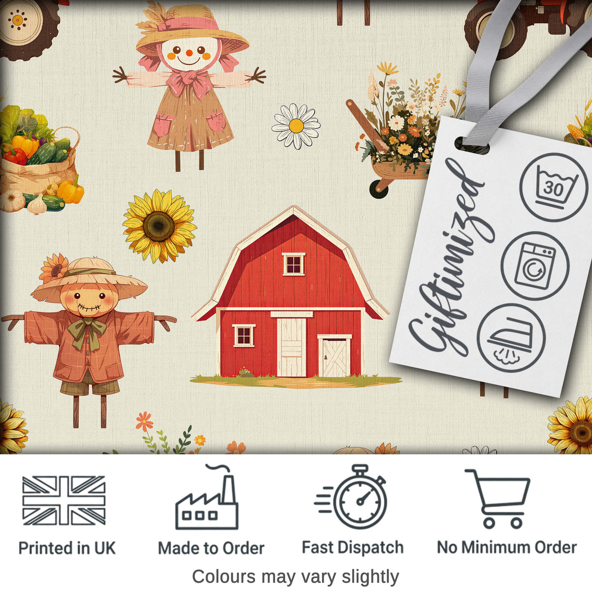 Cute Scarecrow Barn Sunflower Farm Beige Background Seamless Pattern Digital Print Fabric by the Metre UK Sewing Quilting Textile