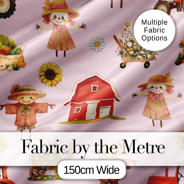 Cute Scarecrow Barn Sunflower Farm Pink Background Seamless Pattern Digital Print Fabric by the Metre UK Sewing Quilting Textile