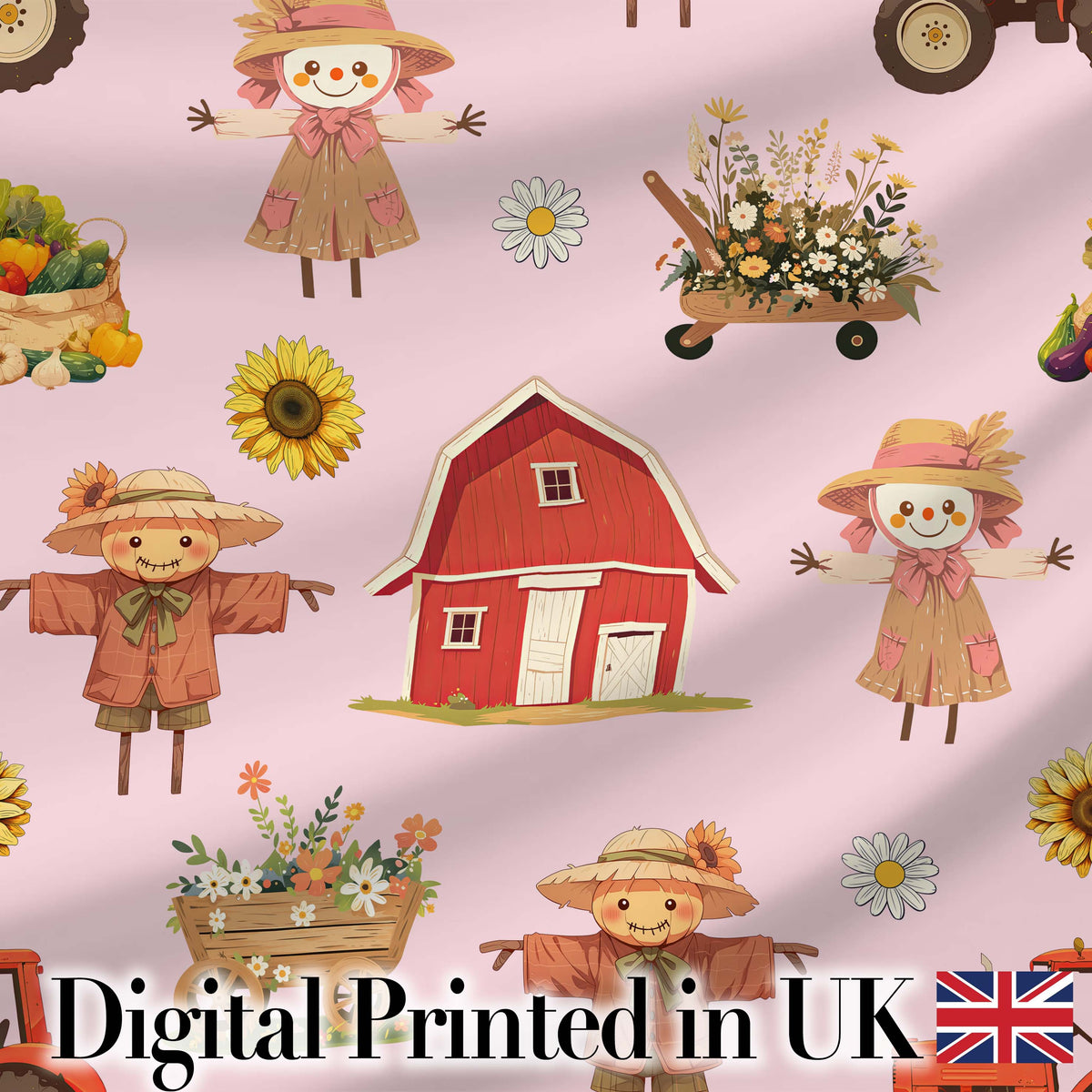 Cute Scarecrow Barn Sunflower Farm Pink Background Seamless Pattern Digital Print Fabric by the Metre UK Sewing Quilting Textile