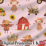 Cute Scarecrow Barn Sunflower Farm Pink Background Seamless Pattern Digital Print Fabric by the Metre UK Sewing Quilting Textile