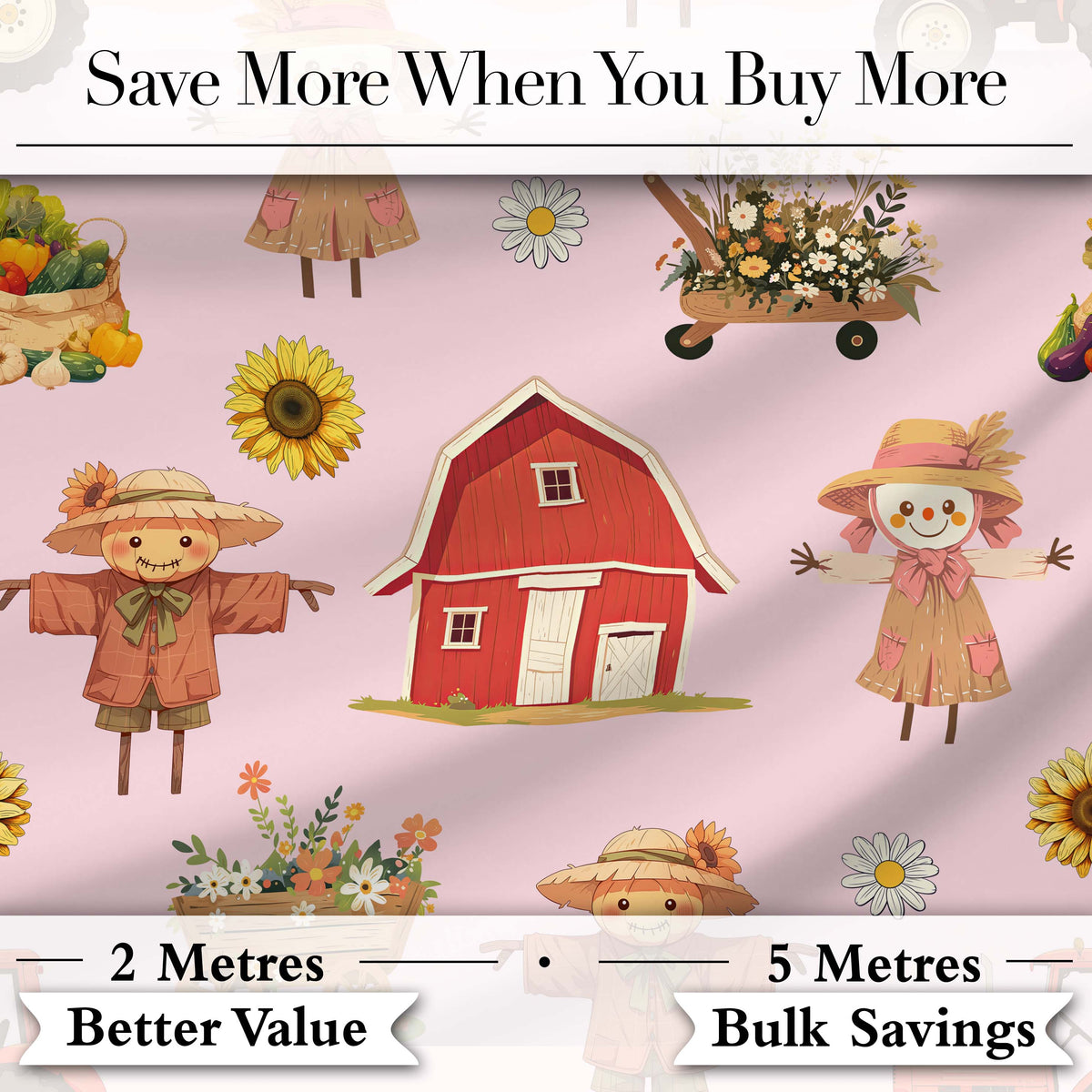 Cute Scarecrow Barn Sunflower Farm Pink Background Seamless Pattern Digital Print Fabric by the Metre UK Sewing Quilting Textile