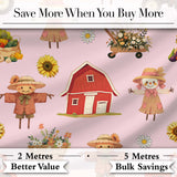 Cute Scarecrow Barn Sunflower Farm Pink Background Seamless Pattern Digital Print Fabric by the Metre UK Sewing Quilting Textile
