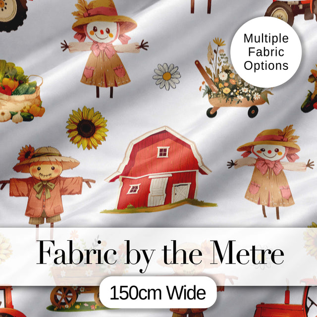 Cute Scarecrow Barn Sunflower Farm Grey Background Seamless Pattern Digital Print Fabric by the Metre UK Sewing Quilting Textile