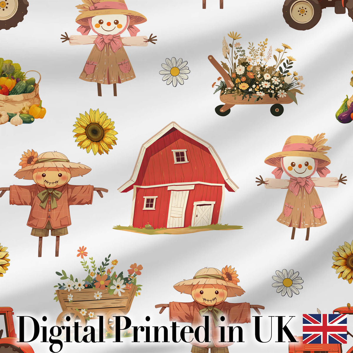 Cute Scarecrow Barn Sunflower Farm Grey Background Seamless Pattern Digital Print Fabric by the Metre UK Sewing Quilting Textile