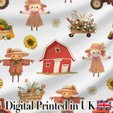 Cute Scarecrow Barn Sunflower Farm Grey Background Seamless Pattern Digital Print Fabric by the Metre UK Sewing Quilting Textile