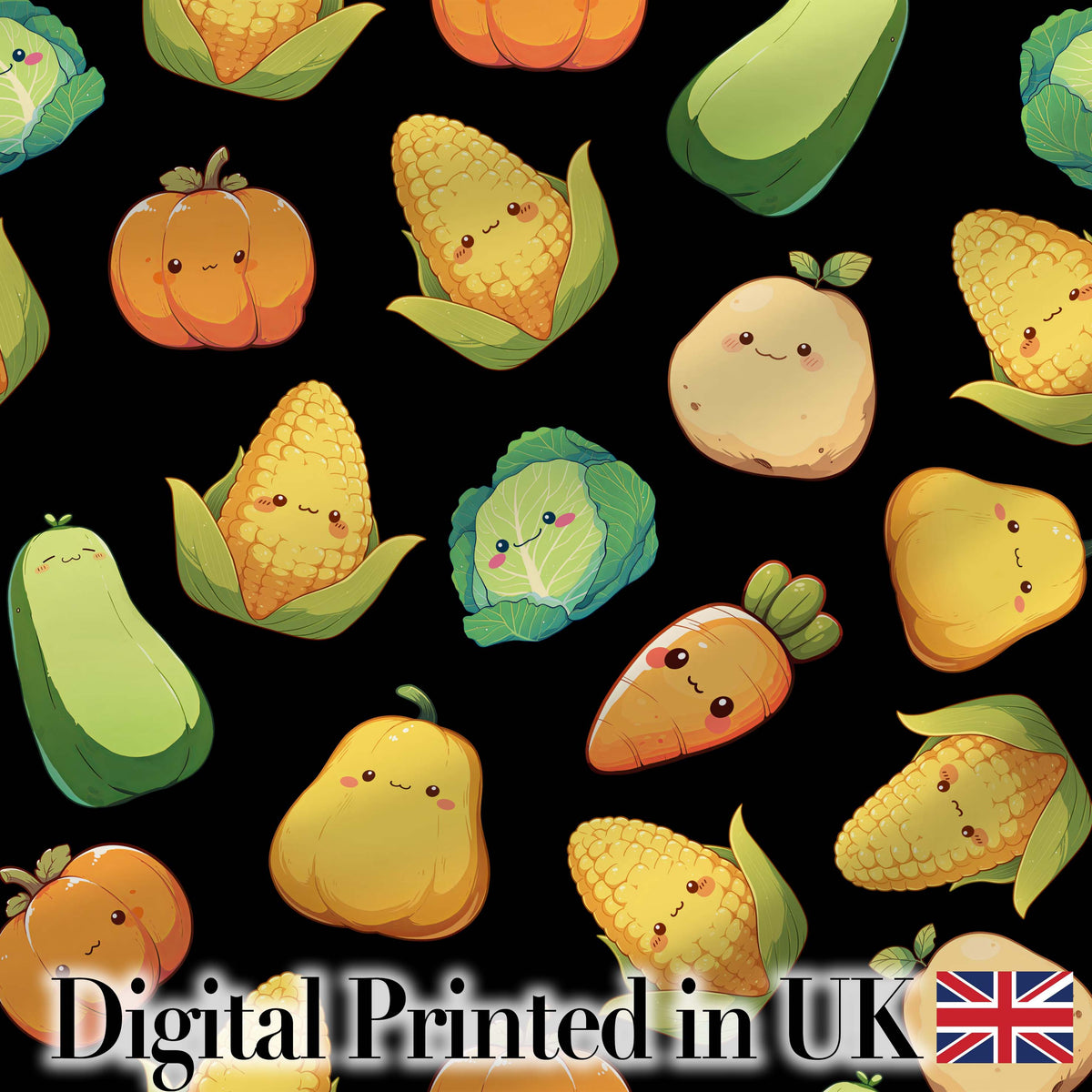 Cute Kawaii Vegetables Corn Carrot Pumpkin Black Background Seamless Pattern Digital Print Fabric by the Metre UK Sewing Quilting Textile