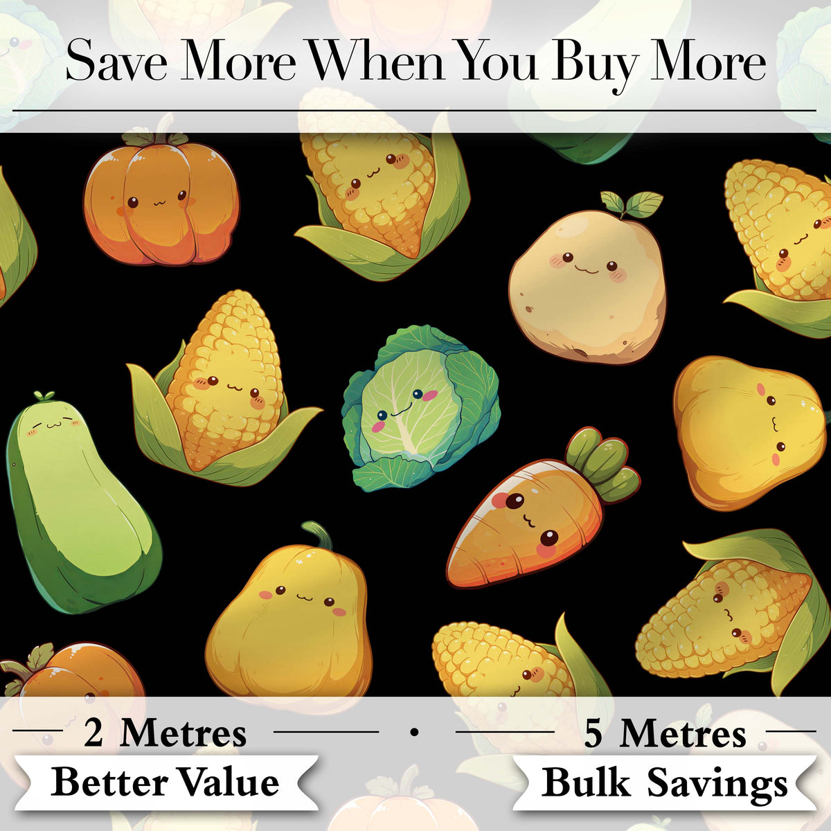 Cute Kawaii Vegetables Corn Carrot Pumpkin Black Background Seamless Pattern Digital Print Fabric by the Metre UK Sewing Quilting Textile