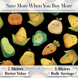Cute Kawaii Vegetables Corn Carrot Pumpkin Black Background Seamless Pattern Digital Print Fabric by the Metre UK Sewing Quilting Textile