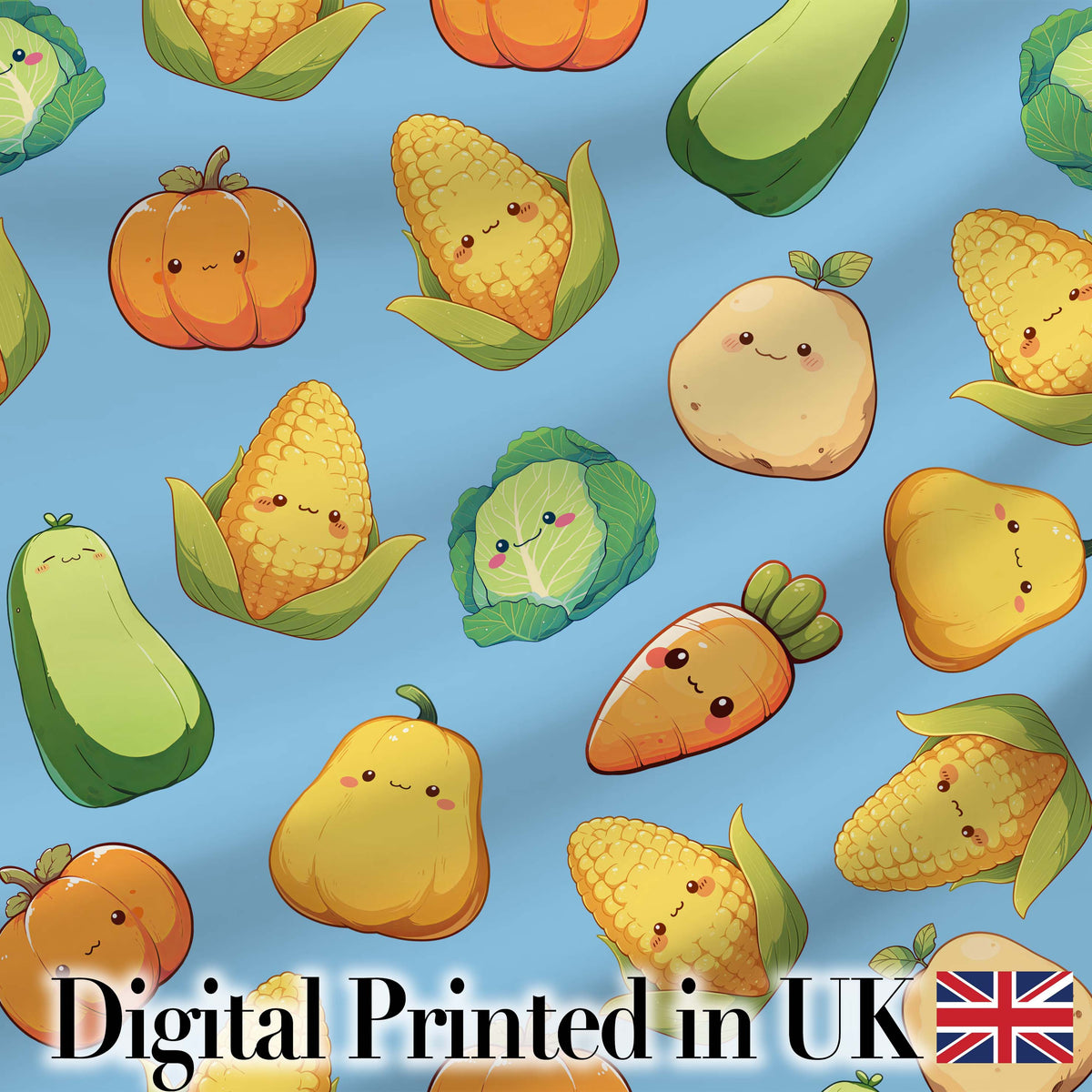 Cute Kawaii Vegetables Corn Carrot Pumpkin Sky Blue Background Seamless Pattern Digital Print Fabric by the Metre UK Sewing Quilting Textile