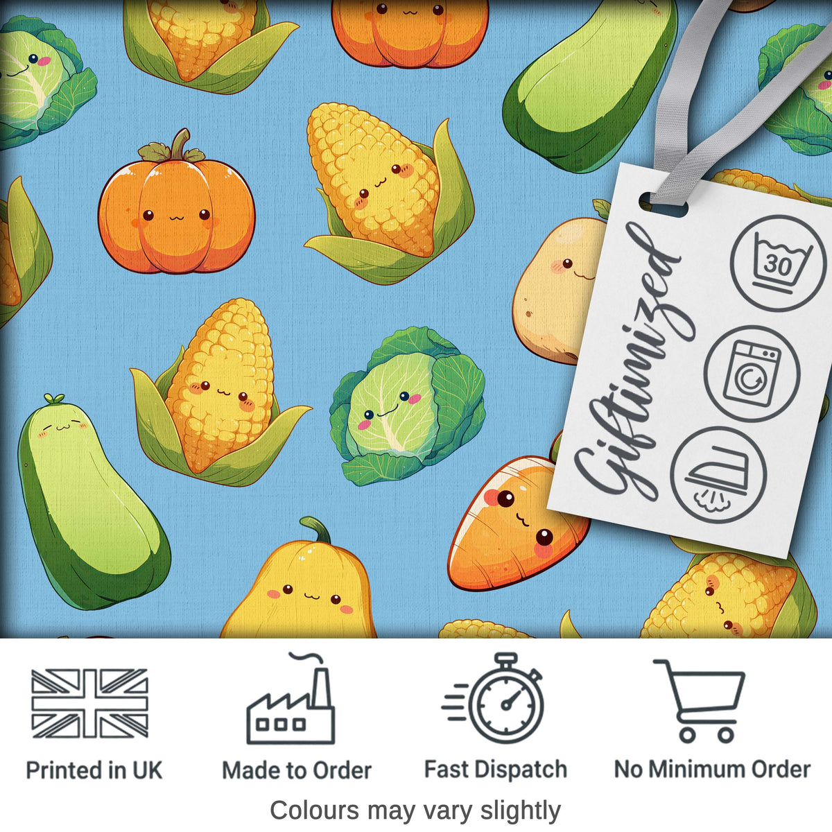 Cute Kawaii Vegetables Corn Carrot Pumpkin Sky Blue Background Seamless Pattern Digital Print Fabric by the Metre UK Sewing Quilting Textile