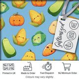 Cute Kawaii Vegetables Corn Carrot Pumpkin Sky Blue Background Seamless Pattern Digital Print Fabric by the Metre UK Sewing Quilting Textile