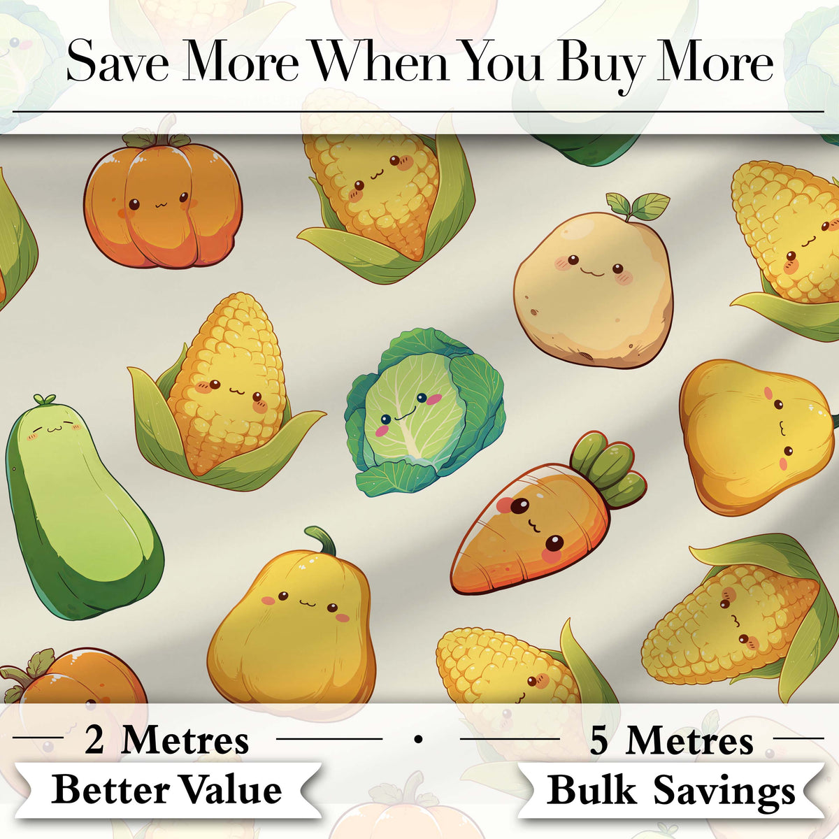 Cute Kawaii Vegetables Corn Carrot Pumpkin Cream Background Seamless Pattern Digital Print Fabric by the Metre UK Sewing Quilting Textile