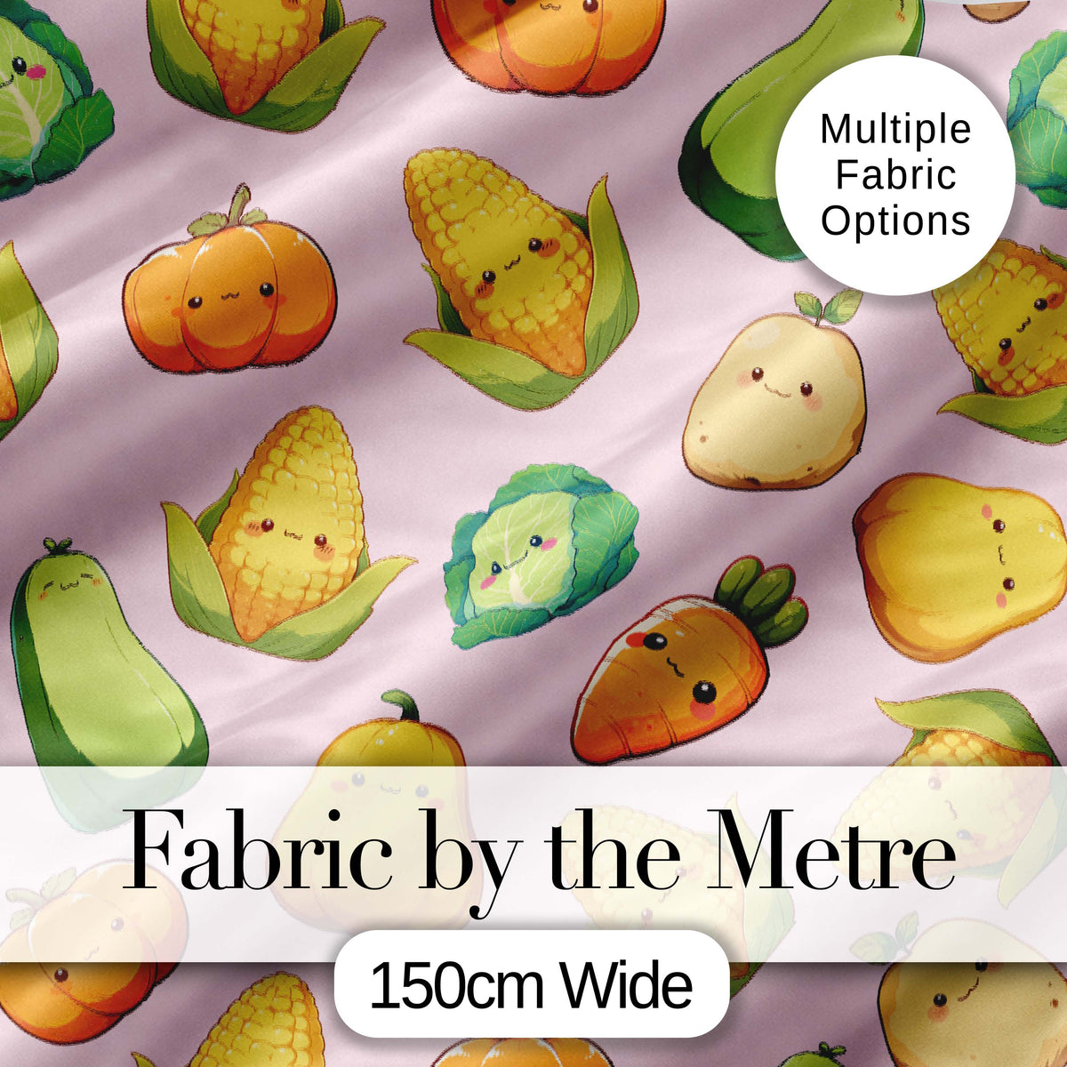 Cute Kawaii  Corn Carrot Pumpkin Light Pink Background Seamless Pattern Digital Print Fabric by the Metre UK Sewing Quilting Textile