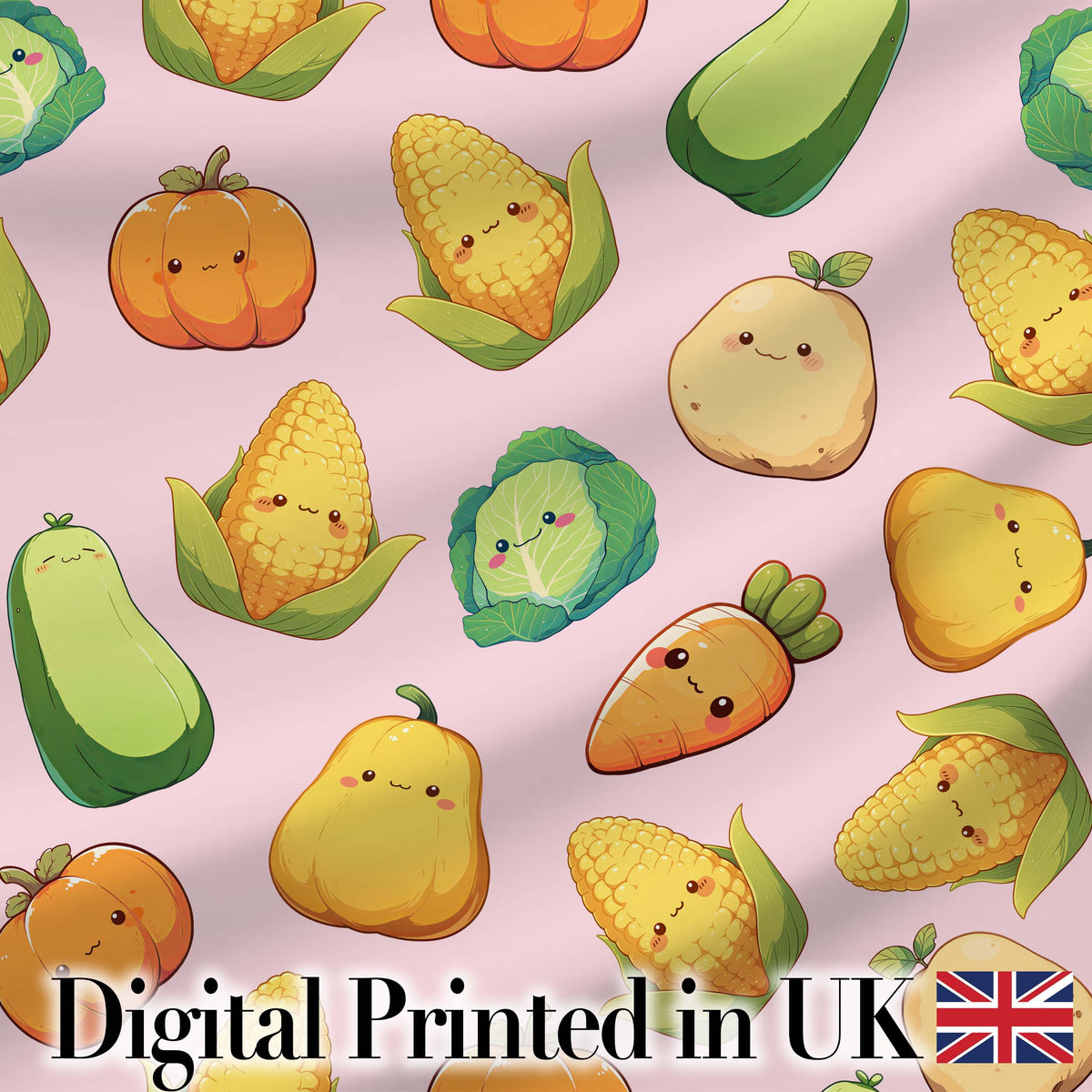 Cute Kawaii  Corn Carrot Pumpkin Light Pink Background Seamless Pattern Digital Print Fabric by the Metre UK Sewing Quilting Textile