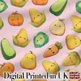 Cute Kawaii  Corn Carrot Pumpkin Light Pink Background Seamless Pattern Digital Print Fabric by the Metre UK Sewing Quilting Textile