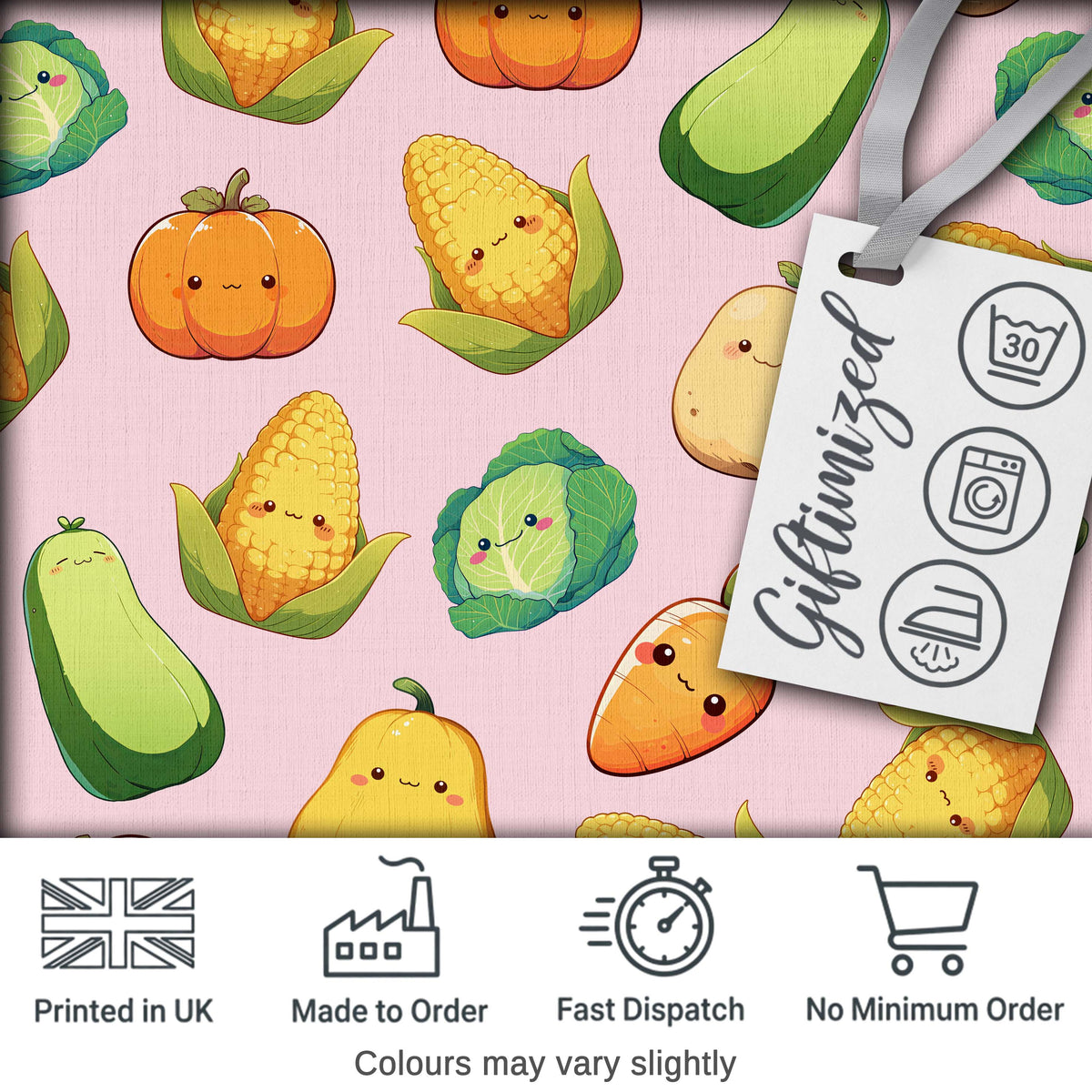 Cute Kawaii  Corn Carrot Pumpkin Light Pink Background Seamless Pattern Digital Print Fabric by the Metre UK Sewing Quilting Textile