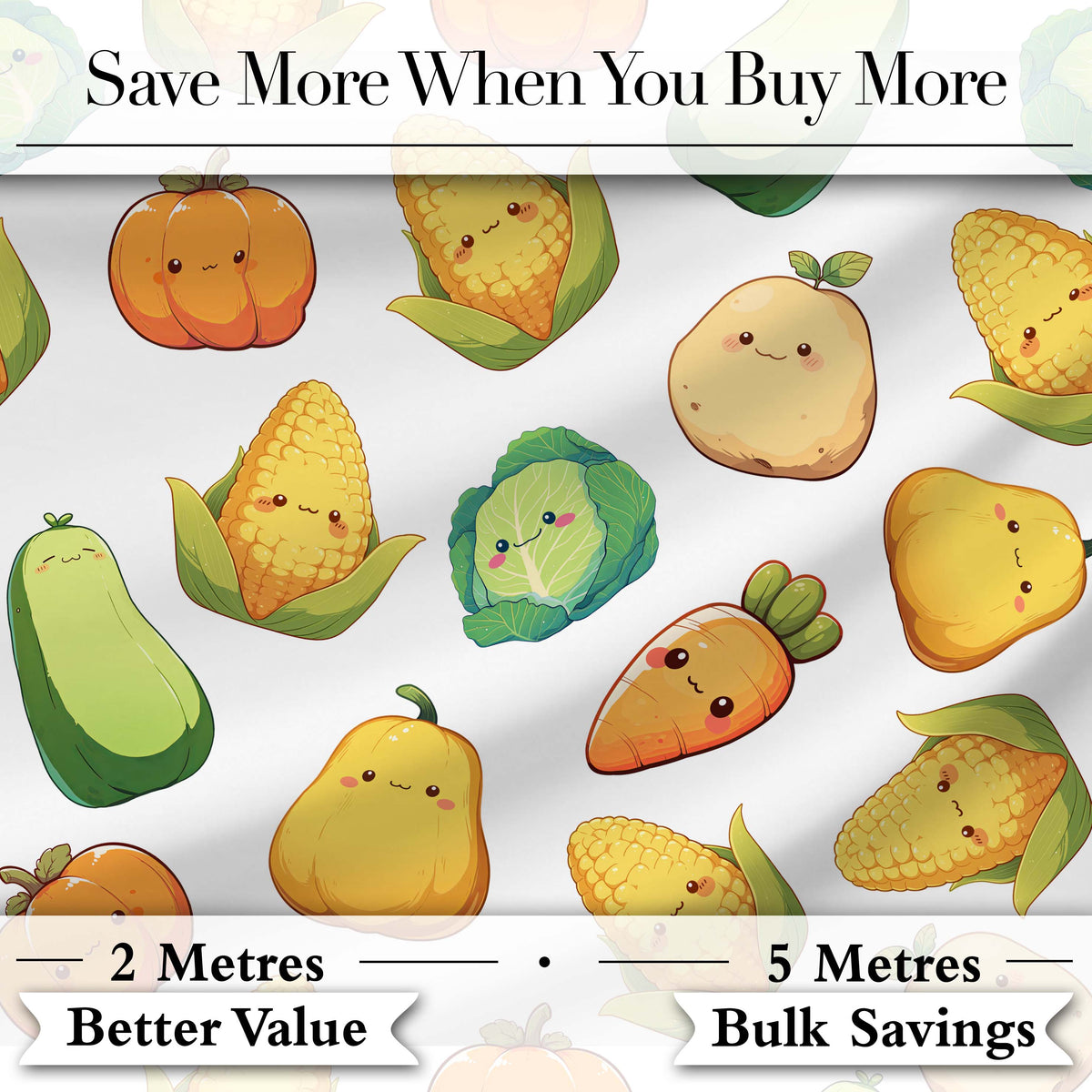 Cute Kawaii Vegetables Corn Carrot Pumpkin White Background Seamless Pattern Digital Print Fabric by the Metre UK Sewing Quilting Textile