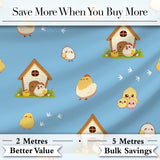 Cute Baby Chick Hen Coop Farm Blue Background Seamless Pattern Digital Print Fabric by the Metre UK Sewing Quilting Textile