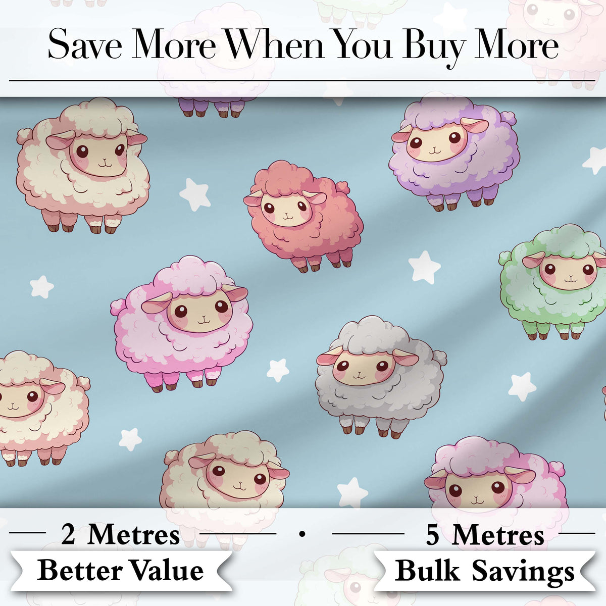 Cute Pastel Sheep Stars Blue Background Seamless Pattern Digital Print Fabric by the Metre UK Sewing Quilting Textile