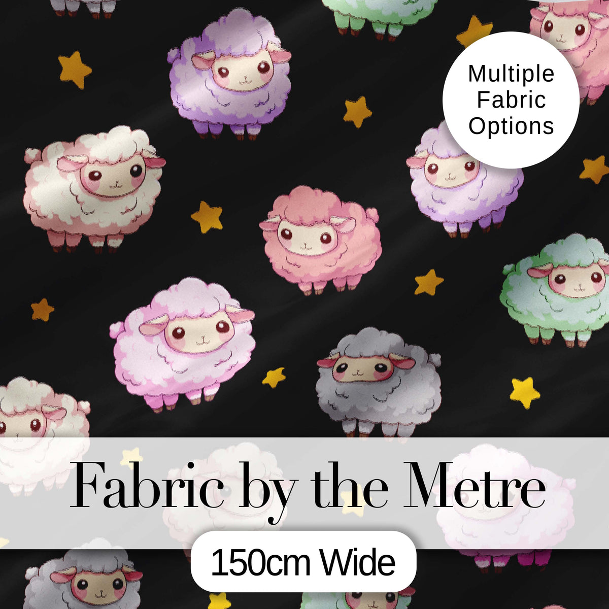 Cute Pastel Sheep Stars Black Background Seamless Pattern Digital Print Fabric by the Metre UK Sewing Quilting Textile