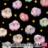 Cute Pastel Sheep Stars Black Background Seamless Pattern Digital Print Fabric by the Metre UK Sewing Quilting Textile