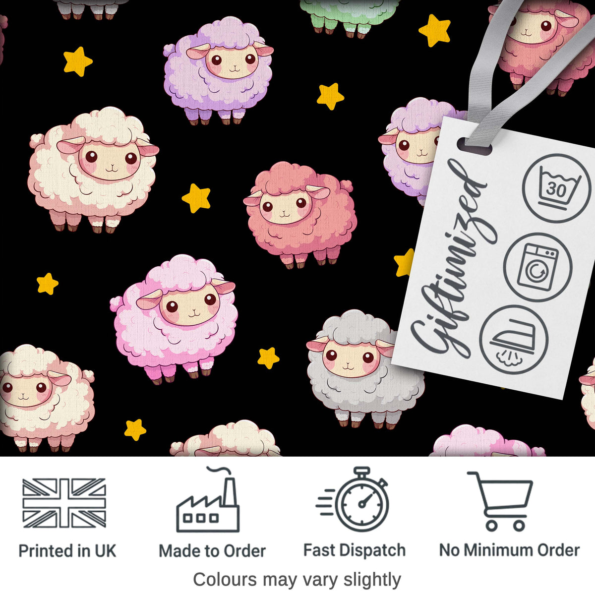 Cute Pastel Sheep Stars Black Background Seamless Pattern Digital Print Fabric by the Metre UK Sewing Quilting Textile