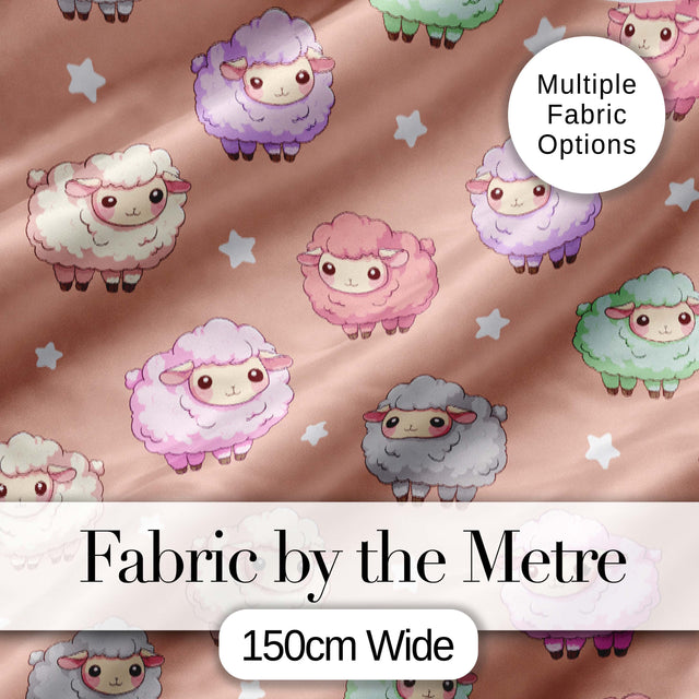 Cute Pastel Sheep Stars Peach Background Seamless Pattern Digital Print Fabric by the Metre UK Sewing Quilting Textile