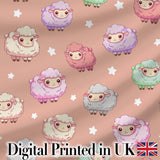 Cute Pastel Sheep Stars Peach Background Seamless Pattern Digital Print Fabric by the Metre UK Sewing Quilting Textile