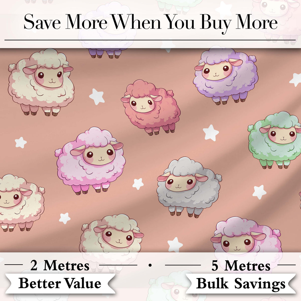 Cute Pastel Sheep Stars Peach Background Seamless Pattern Digital Print Fabric by the Metre UK Sewing Quilting Textile