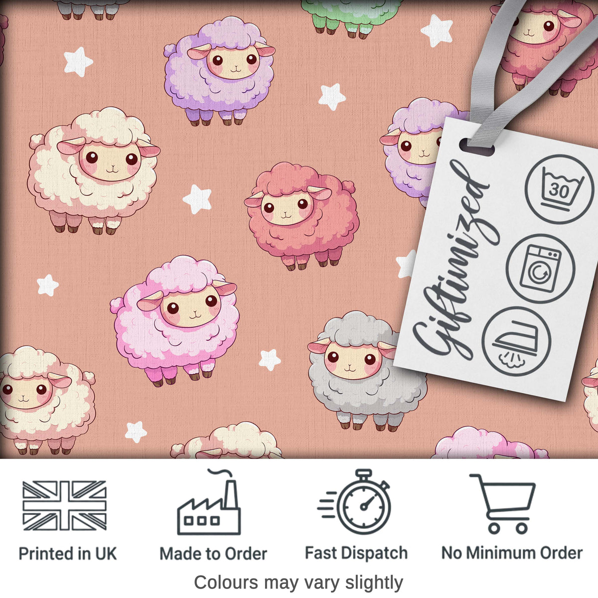 Cute Pastel Sheep Stars Peach Background Seamless Pattern Digital Print Fabric by the Metre UK Sewing Quilting Textile