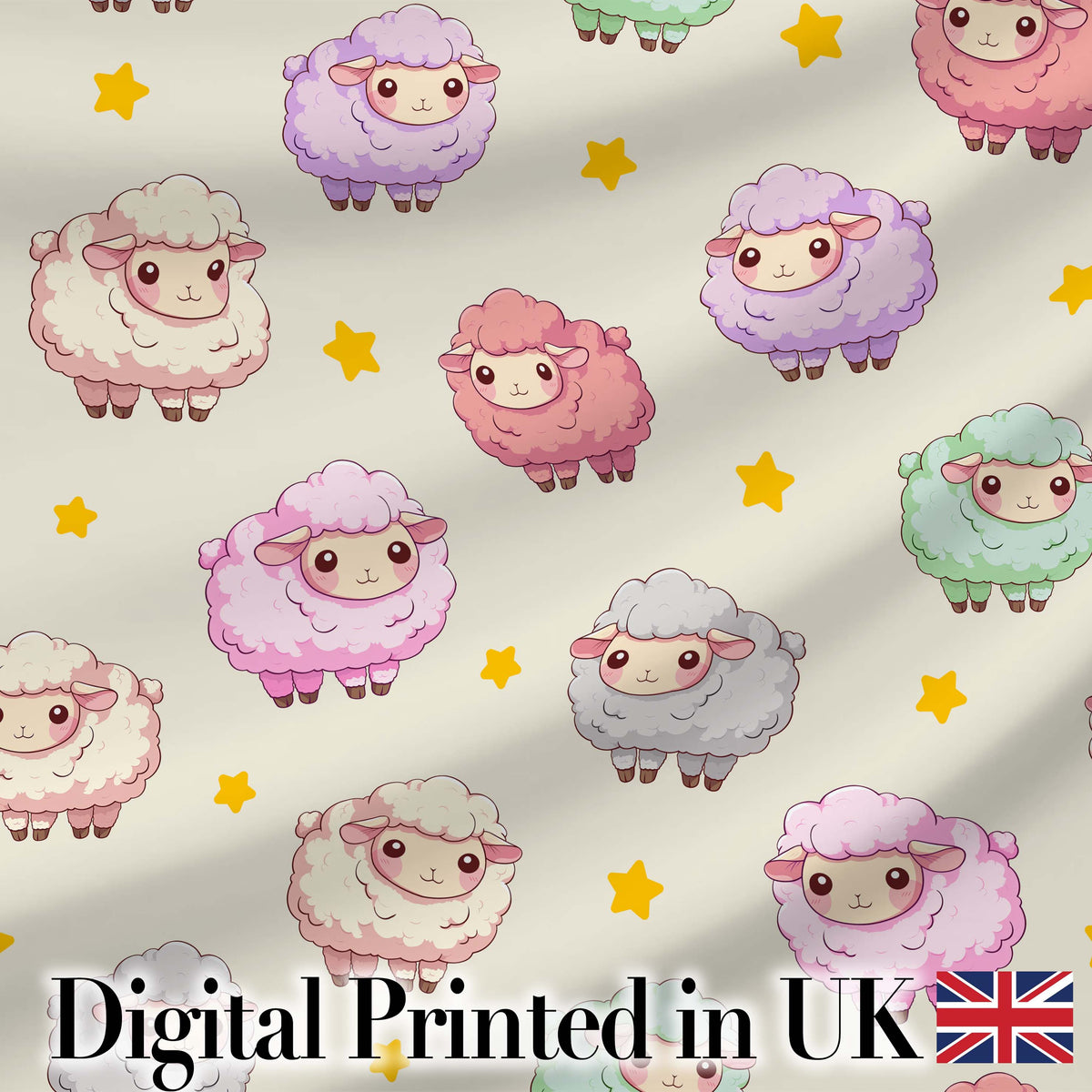 Cute Pastel Sheep Stars Cream Background Seamless Pattern Digital Print Fabric by the Metre UK Sewing Quilting Textile