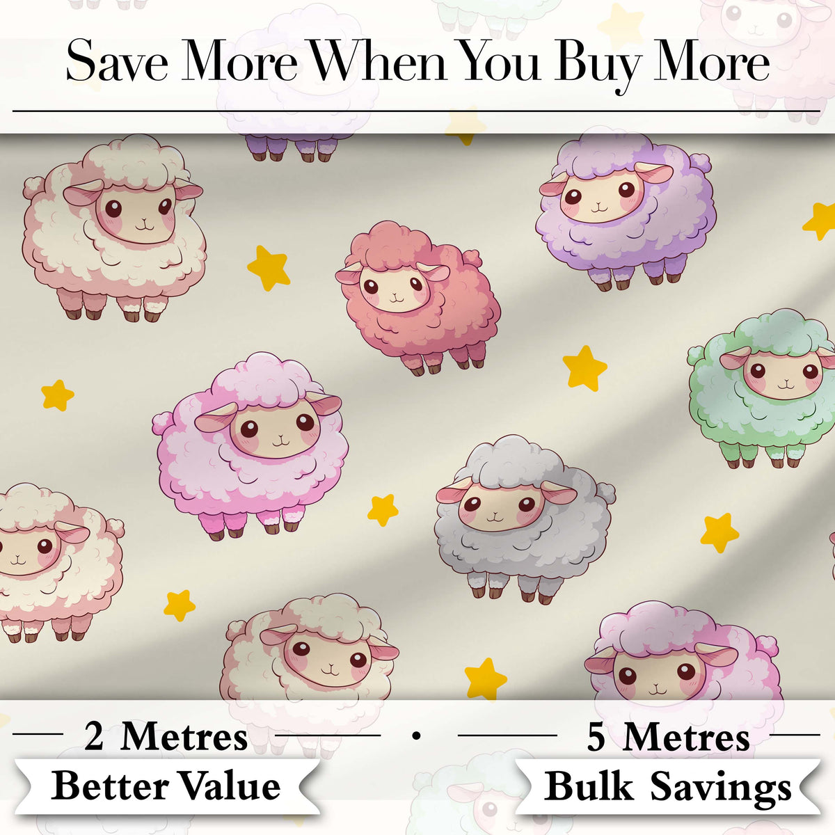 Cute Pastel Sheep Stars Cream Background Seamless Pattern Digital Print Fabric by the Metre UK Sewing Quilting Textile