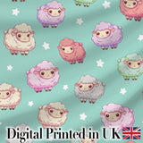 Cute Pastel Sheep Stars Mint Background Seamless Pattern Digital Print Fabric by the Metre UK Sewing Quilting Textile