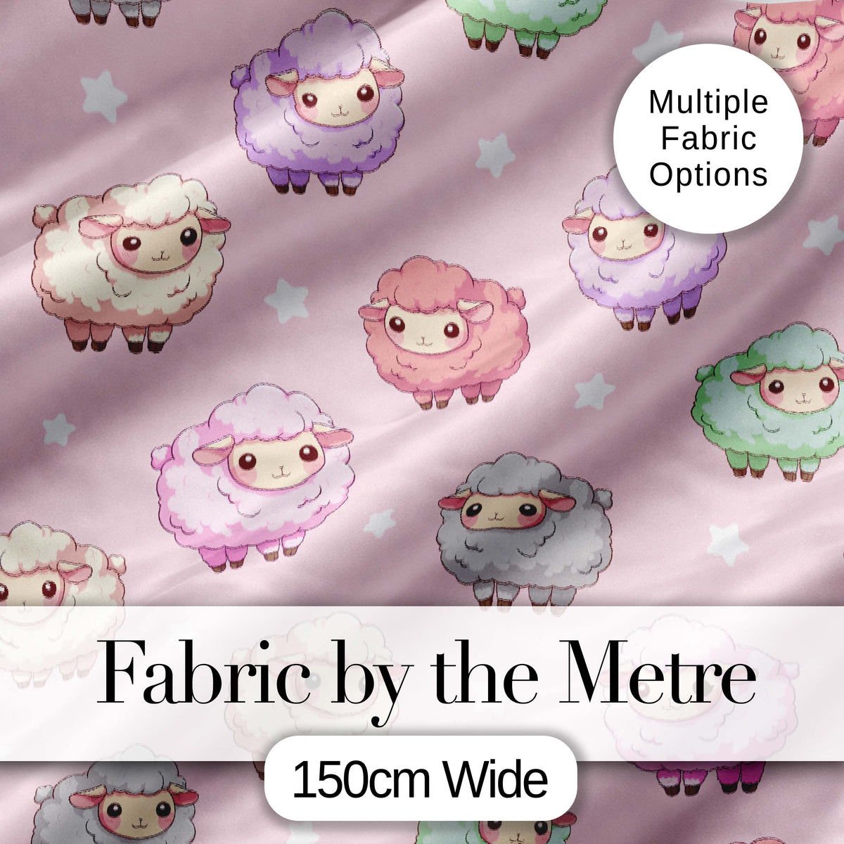 Cute Pastel Sheep Stars Pink Background Seamless Pattern Digital Print Fabric by the Metre UK Sewing Quilting Textile