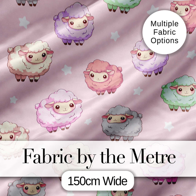 Cute Pastel Sheep Stars Pink Background Seamless Pattern Digital Print Fabric by the Metre UK Sewing Quilting Textile