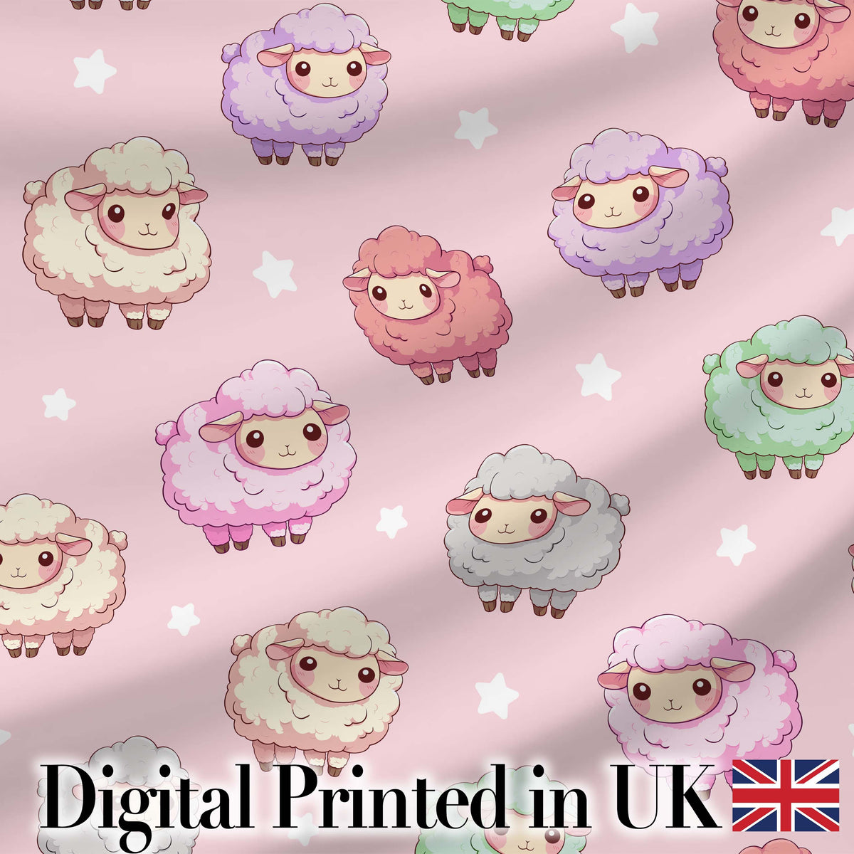 Cute Pastel Sheep Stars Pink Background Seamless Pattern Digital Print Fabric by the Metre UK Sewing Quilting Textile