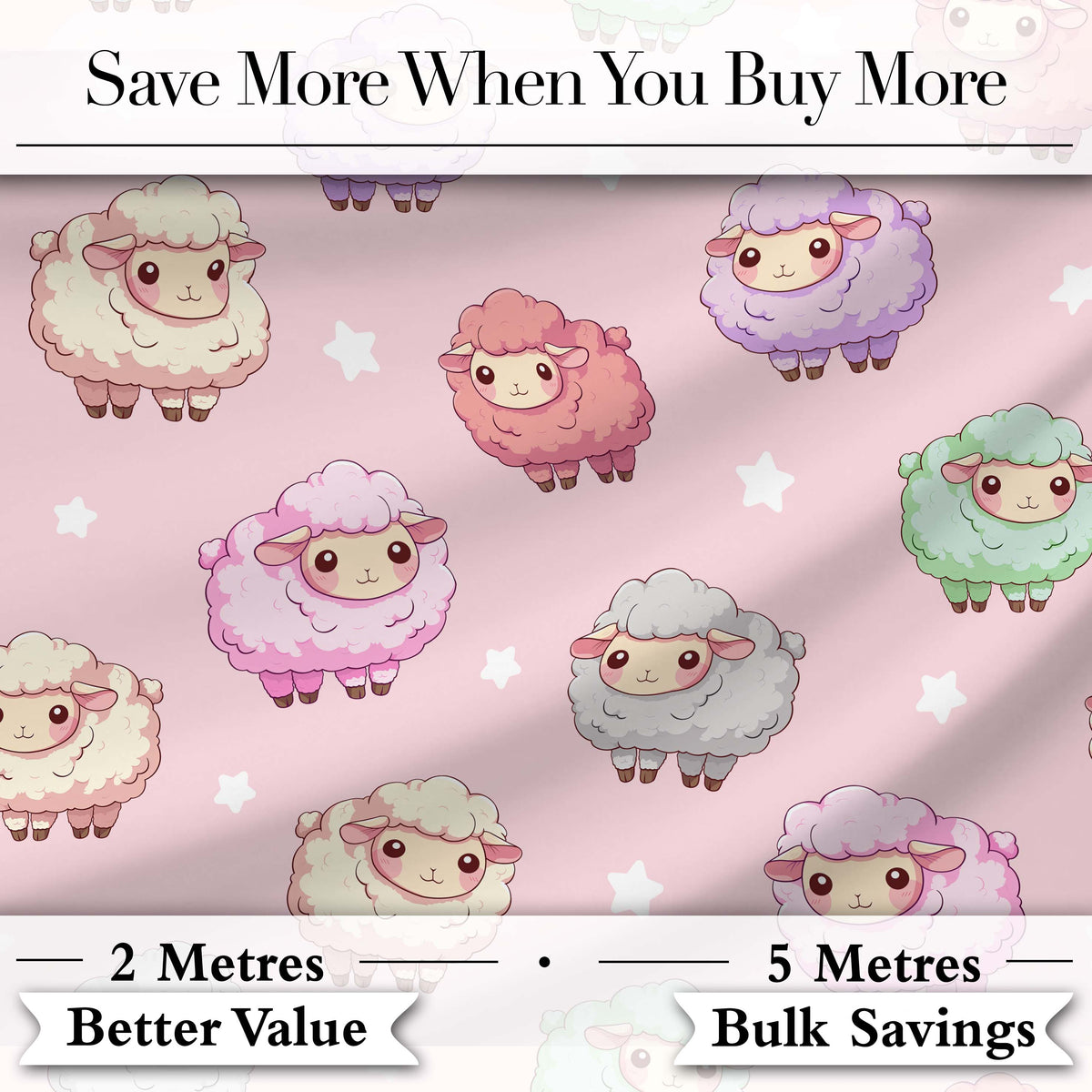 Cute Pastel Sheep Stars Pink Background Seamless Pattern Digital Print Fabric by the Metre UK Sewing Quilting Textile