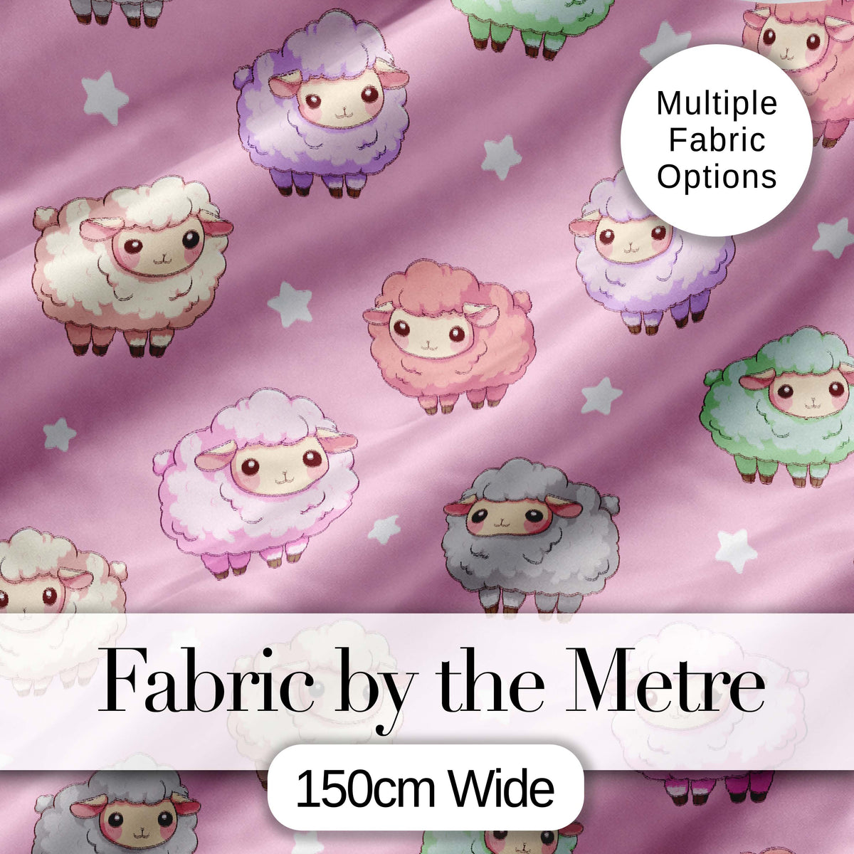 Cute Pastel Sheep Stars Pink Background Seamless Pattern Digital Print Fabric by the Metre UK Sewing Quilting Textile