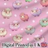 Cute Pastel Sheep Stars Pink Background Seamless Pattern Digital Print Fabric by the Metre UK Sewing Quilting Textile