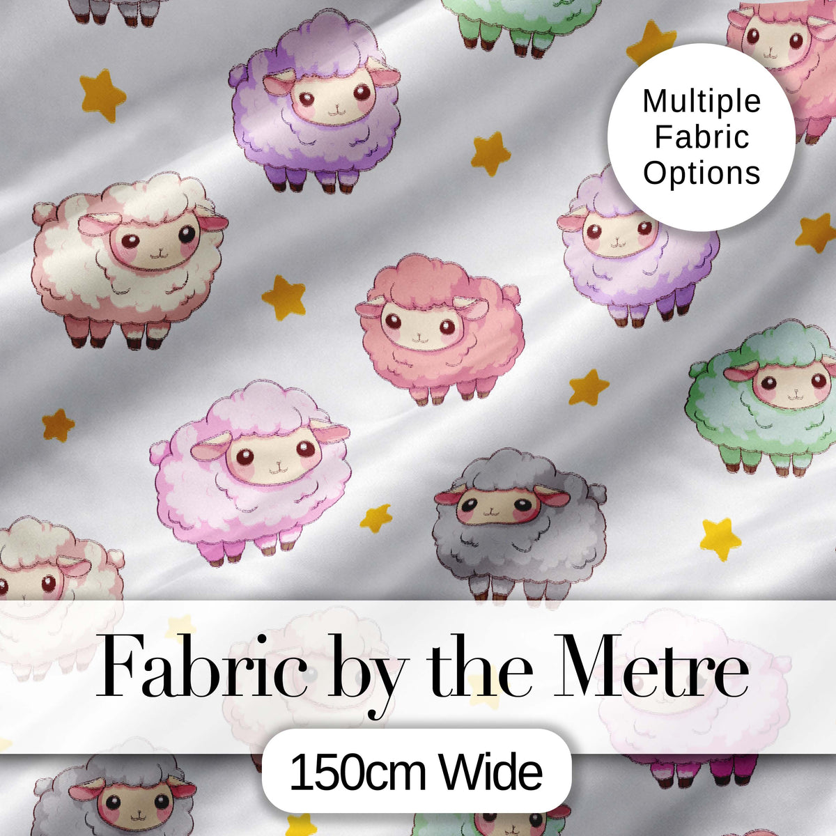 Cute Pastel Sheep Stars Grey Background Seamless Pattern Digital Print Fabric by the Metre UK Sewing Quilting Textile